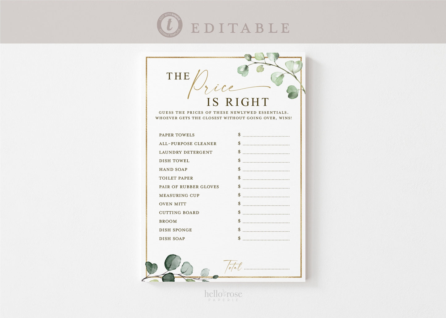 The Price is Right Bridal Shower Editable Printable Game . Greenery and Gold . PRINTABLE Template . Instant Download Templett G2-T