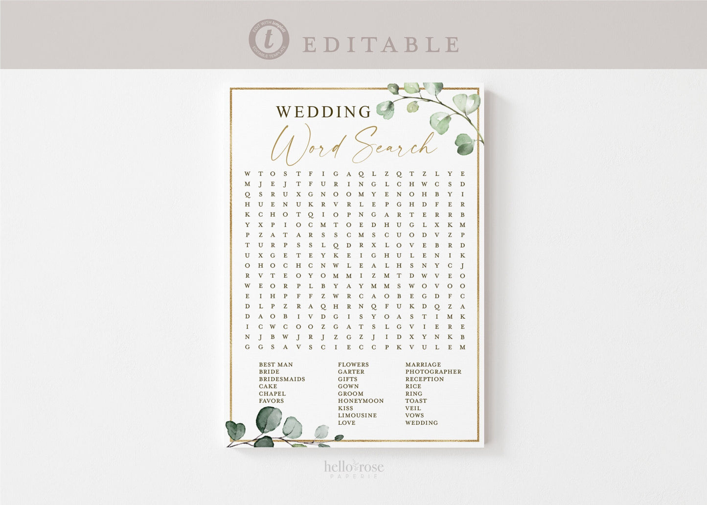 Wedding Word Search Game . Fun Bridal Shower Games . Greenery + Gold . PRINTABLE Editable Template Instant Download Templett G2-T