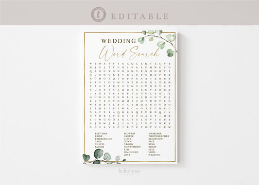 Wedding Word Search Game . Fun Bridal Shower Games . Greenery + Gold . PRINTABLE Editable Template Instant Download Templett G2-T