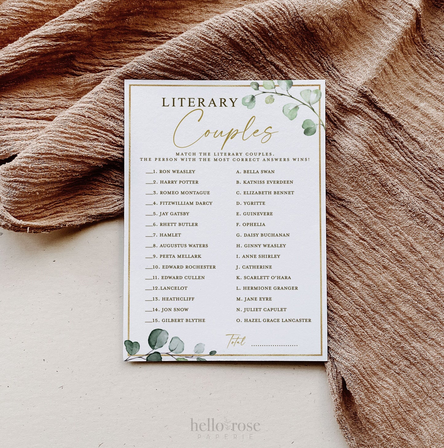 Literary Couples Bridal Shower Game with Answer Key . Greenery and Gold . PRINTABLE Editable Template Instant Download Templett G2-T