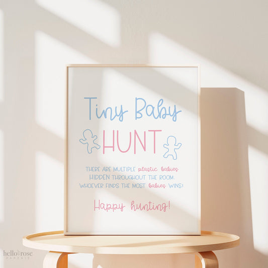 Tiny Baby Hunt Gender Reveal Game Sign . Baby Shower Girl and Boy Twins . Pink and Blue . Minimalist . Printable Instant Download K4-G