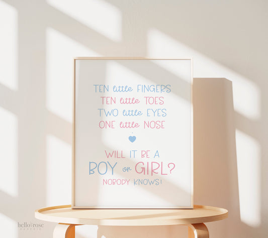 Boy or Girl Ten Little Fingers Toes Gender Reveal Sign, Baby Gender Prediction Guess, Pink Blue Minimalist, Printable Instant Download K4-G