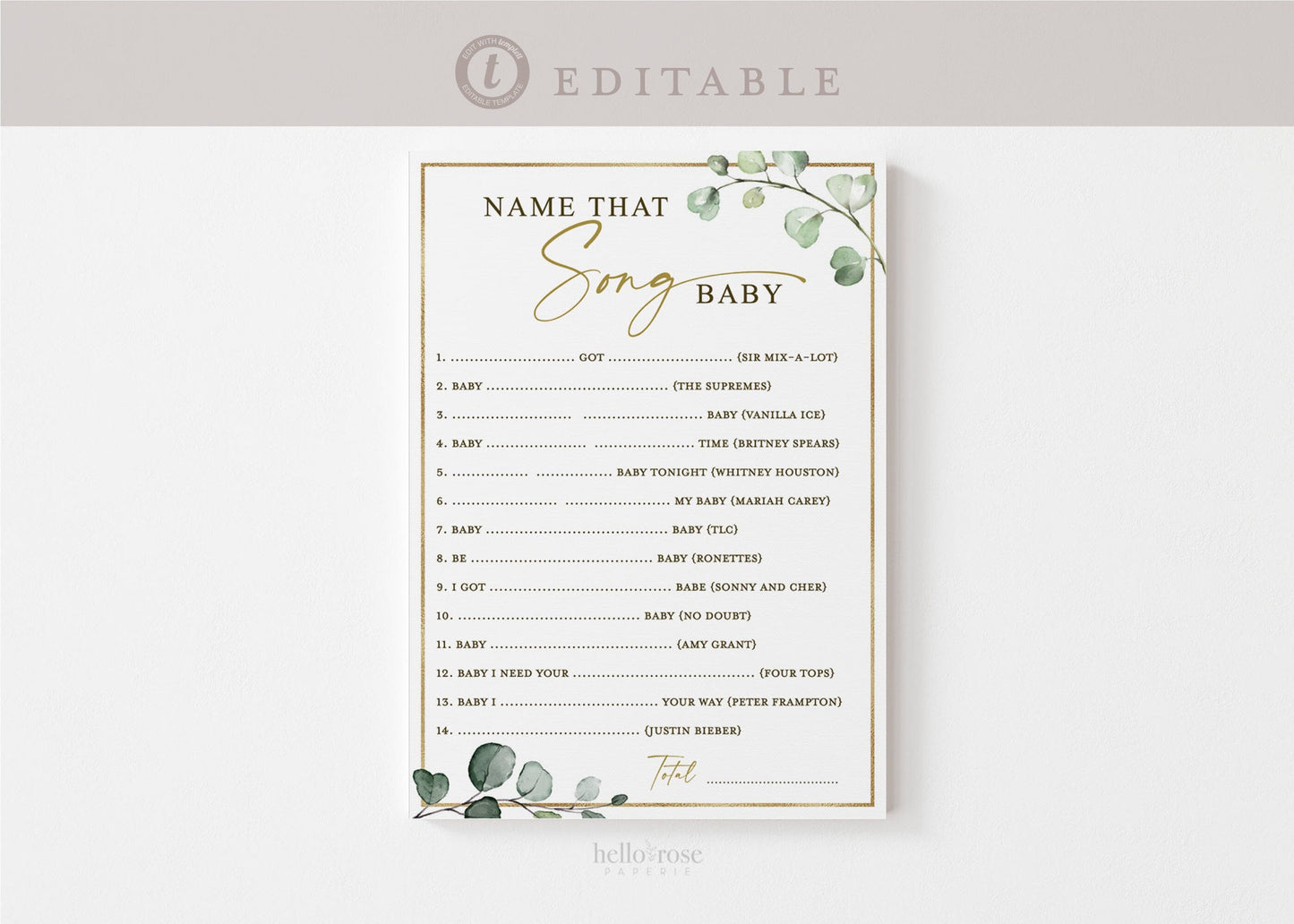 Name That Song Baby Shower Printable Trivia Game . Gender Neutral Greenery and Gold . Editable Template . Instant Download Templett G2-T
