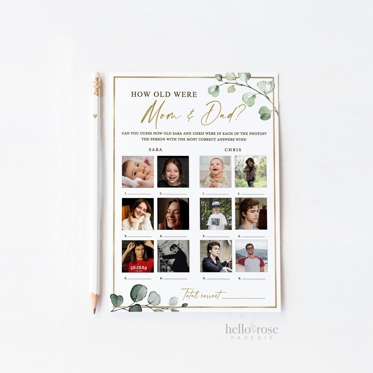 How Old Were Mom and Dad Game with Photos . Baby Shower Game . Greenery + Gold . PRINTABLE Editable Template Instant Download Templett G2-T