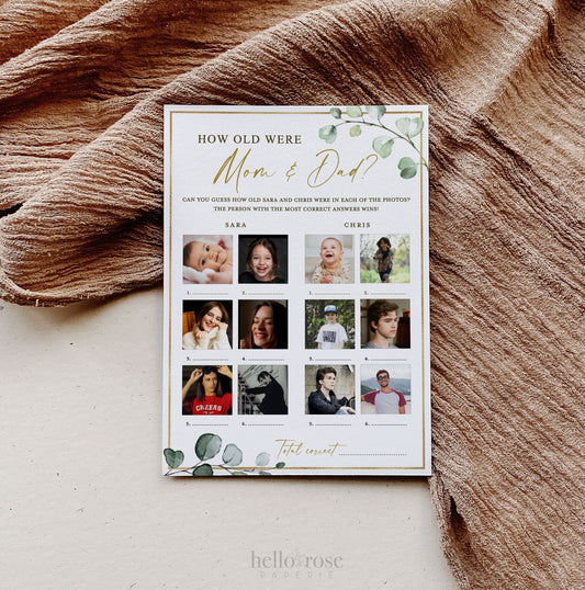 How Old Were Mom and Dad Game with Photos . Baby Shower Game . Greenery + Gold . PRINTABLE Editable Template Instant Download Templett G2-T