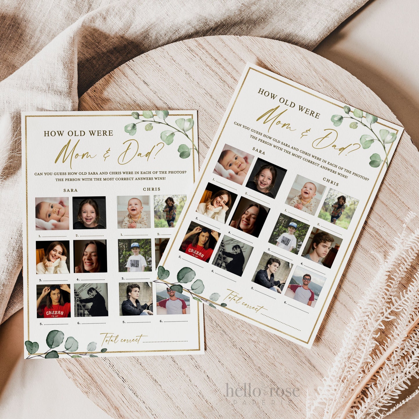 How Old Were Mom and Dad Game with Photos . Baby Shower Game . Greenery + Gold . PRINTABLE Editable Template Instant Download Templett G2-T