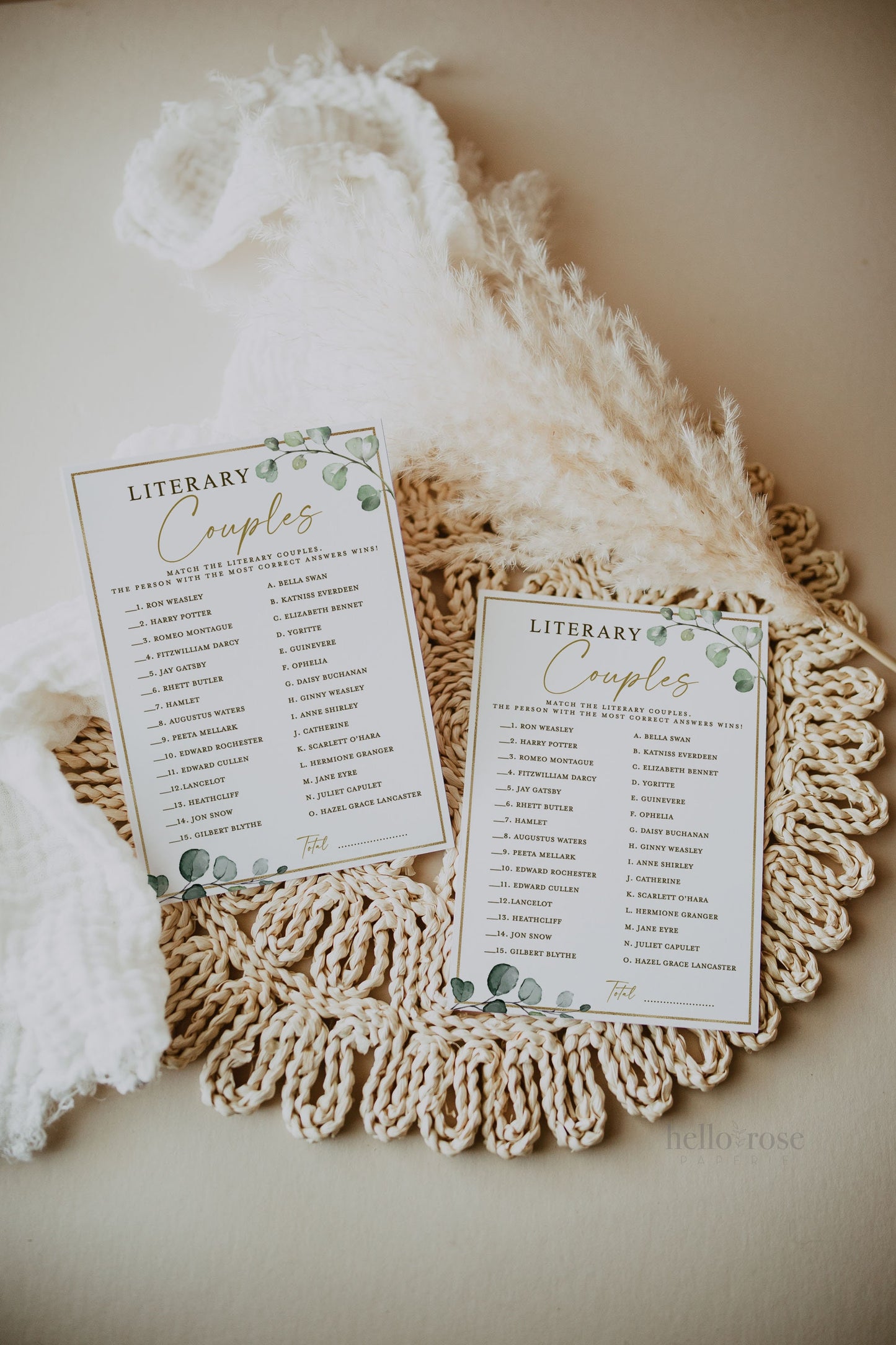 Literary Couples Bridal Shower Game with Answer Key . Greenery and Gold . PRINTABLE Editable Template Instant Download Templett G2-T
