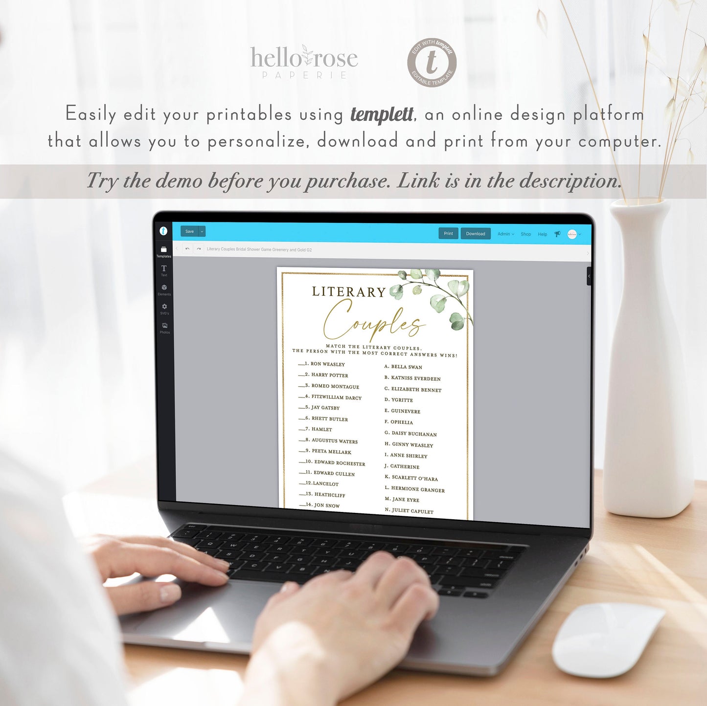 Literary Couples Bridal Shower Game with Answer Key . Greenery and Gold . PRINTABLE Editable Template Instant Download Templett G2-T