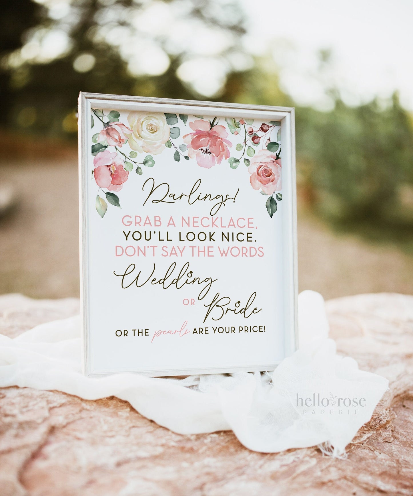 Don't Say Wedding or Bride Pearl Necklace Game Printable . Pink White Floral Greenery . Bridal Shower Wedding Bachelorette Hens Party . 8x10