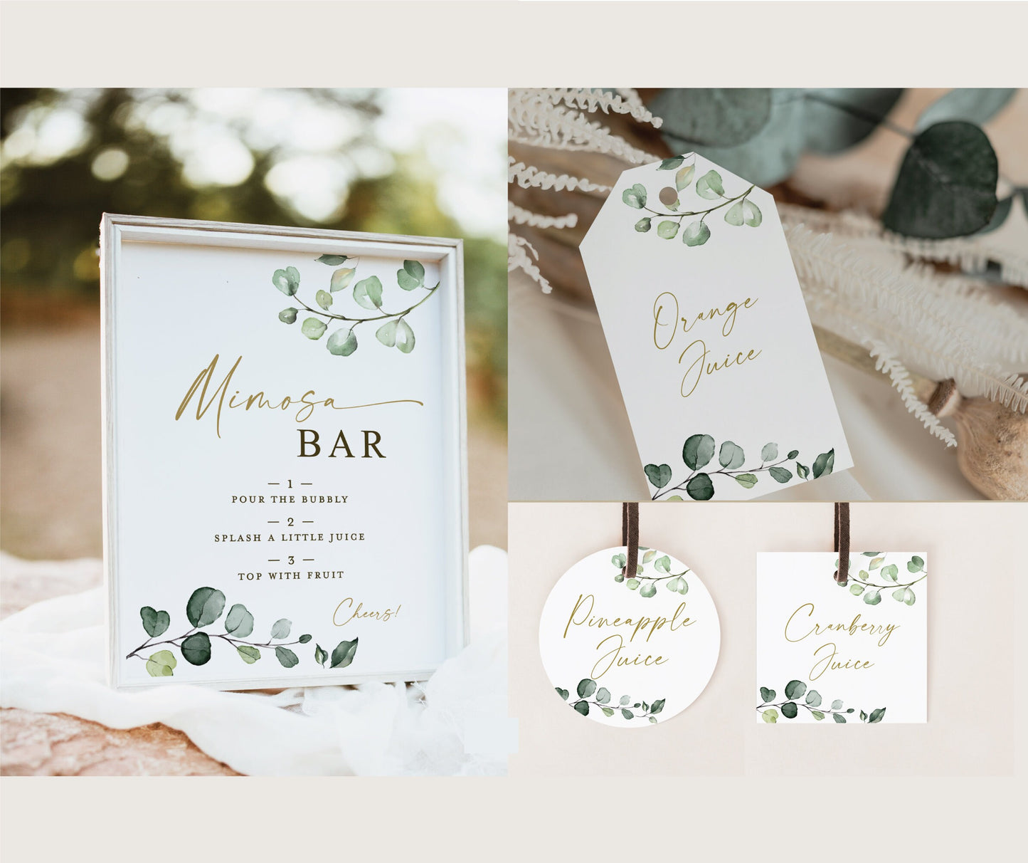 Mimosa Bar Sign + Mimosa Tags Template . Bridal Baby Shower . Greenery Gold . PRINTABLE Editable Template . Instant Download Templett G2-T