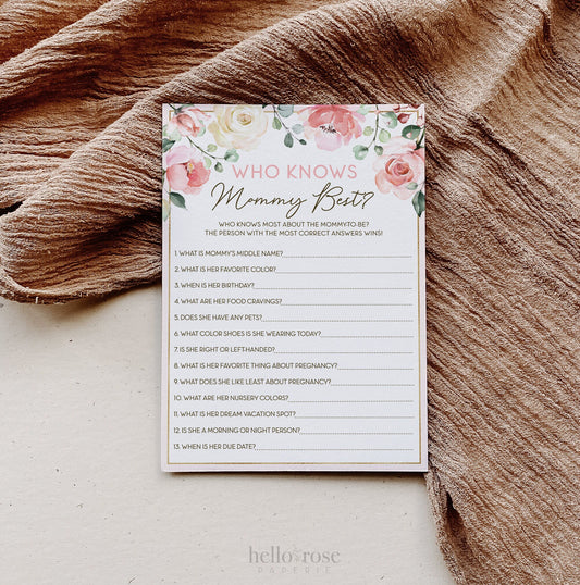 Who Knows Mommy Best Baby Shower Game . Printable . Floral Watercolor Pink Roses Greenery Eucalyptus . Girl Baby Shower . Instant Download