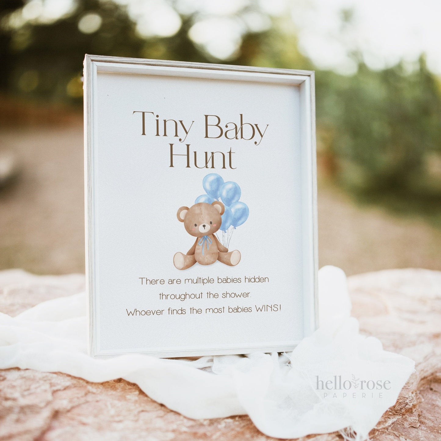 Tiny Baby Hunt Teddy Bear with Blue Bow and Balloons Printable Game Sign . Boy Baby Shower . We Can Bearly Wait . 8x10 Instant Download