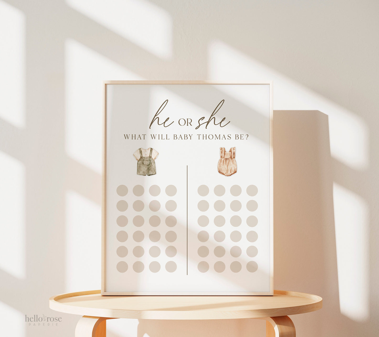 He or She What Will Baby Be, Gender Guess Sign, Minimalist Boho Baby Gender Reveal, Gender Neutral, Reveal Game, Template Download GR2-T