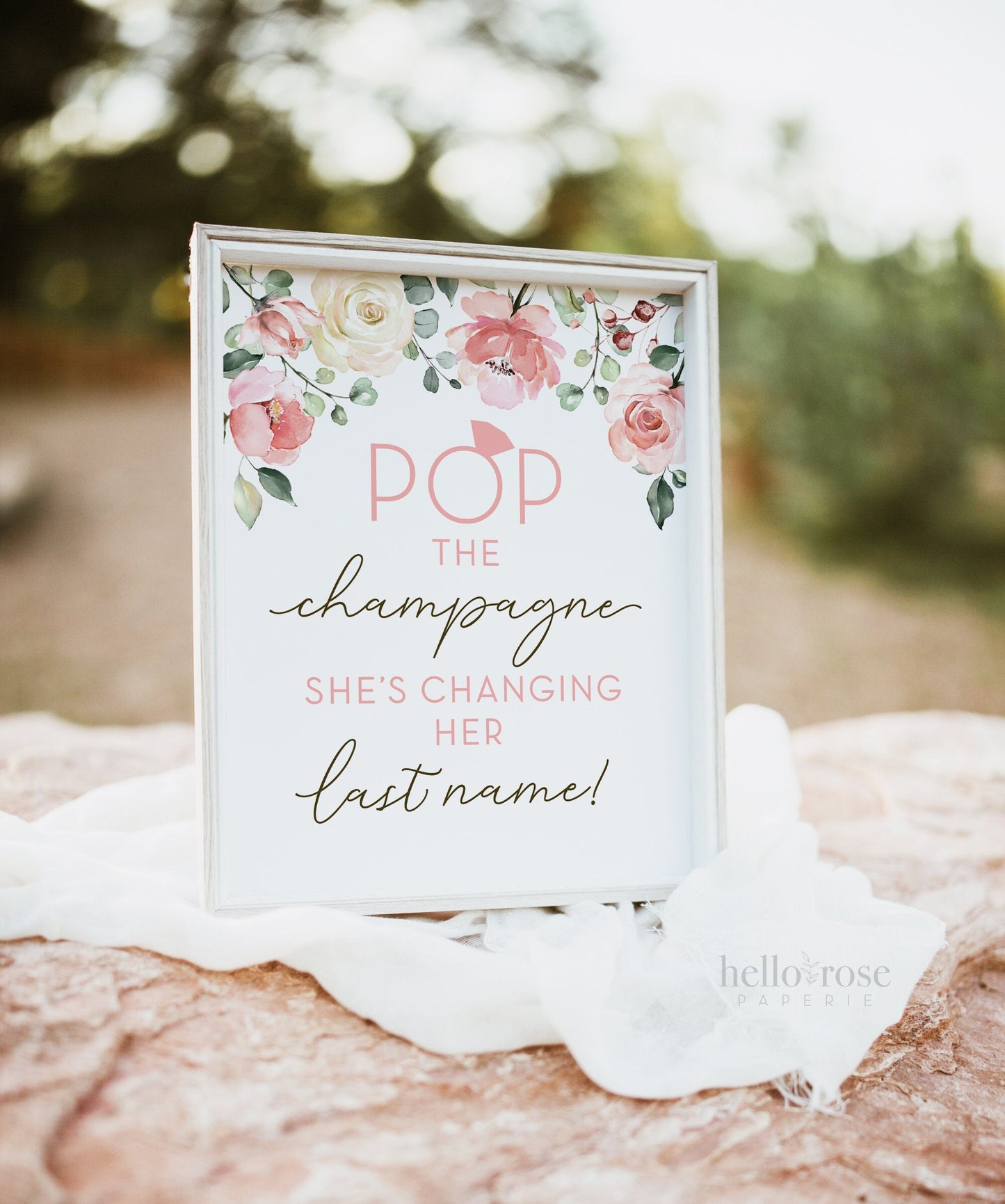 Pop the Champagne She's Changing Her Last Name Printable 8x10 . Floral Watercolor . Bridal Shower Wedding Bachelorette Hens Party Download