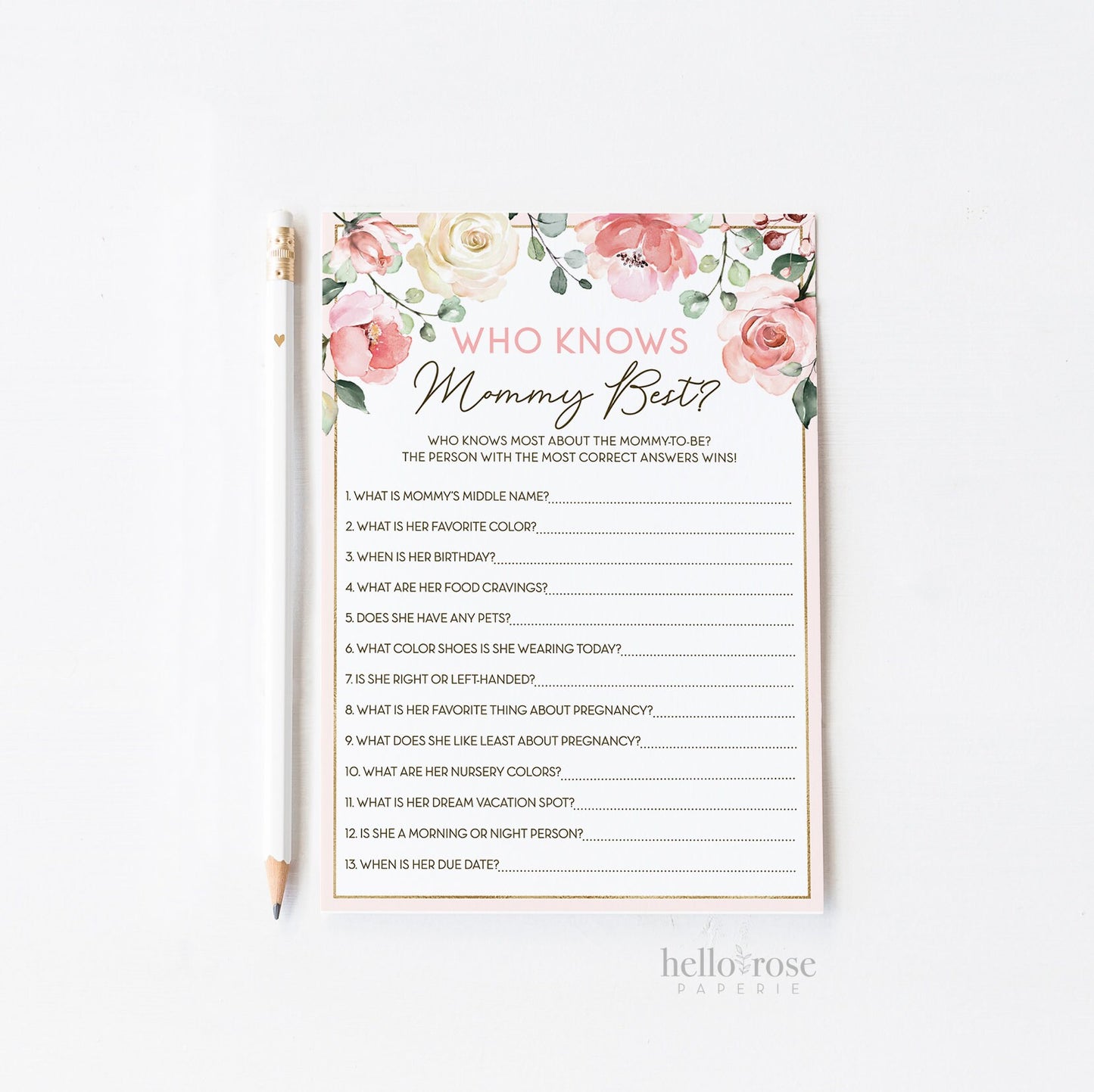 Who Knows Mommy Best Baby Shower Game . Printable . Floral Watercolor Pink Roses Greenery Eucalyptus . Girl Baby Shower . Instant Download