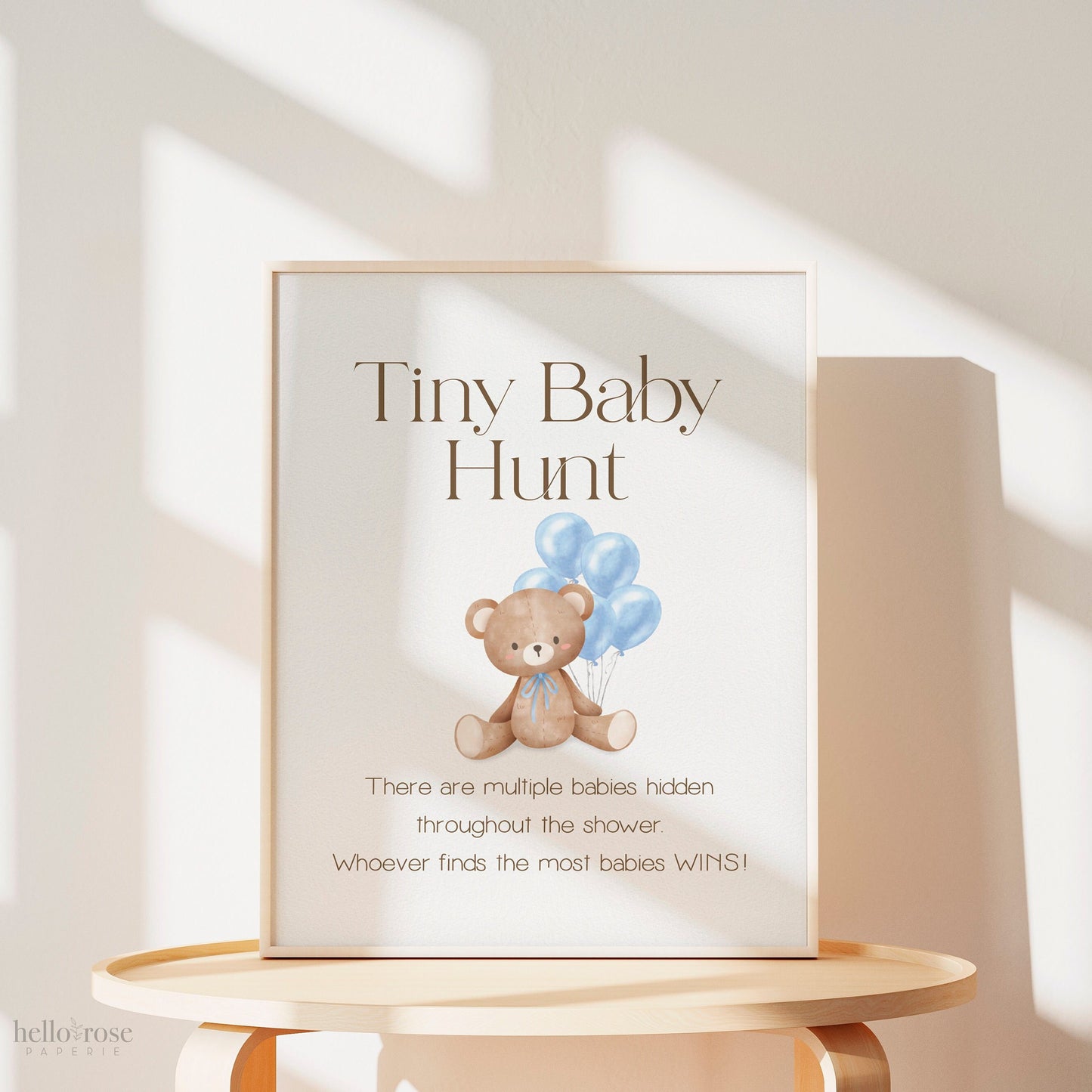 Tiny Baby Hunt Teddy Bear with Blue Bow and Balloons Printable Game Sign . Boy Baby Shower . We Can Bearly Wait . 8x10 Instant Download