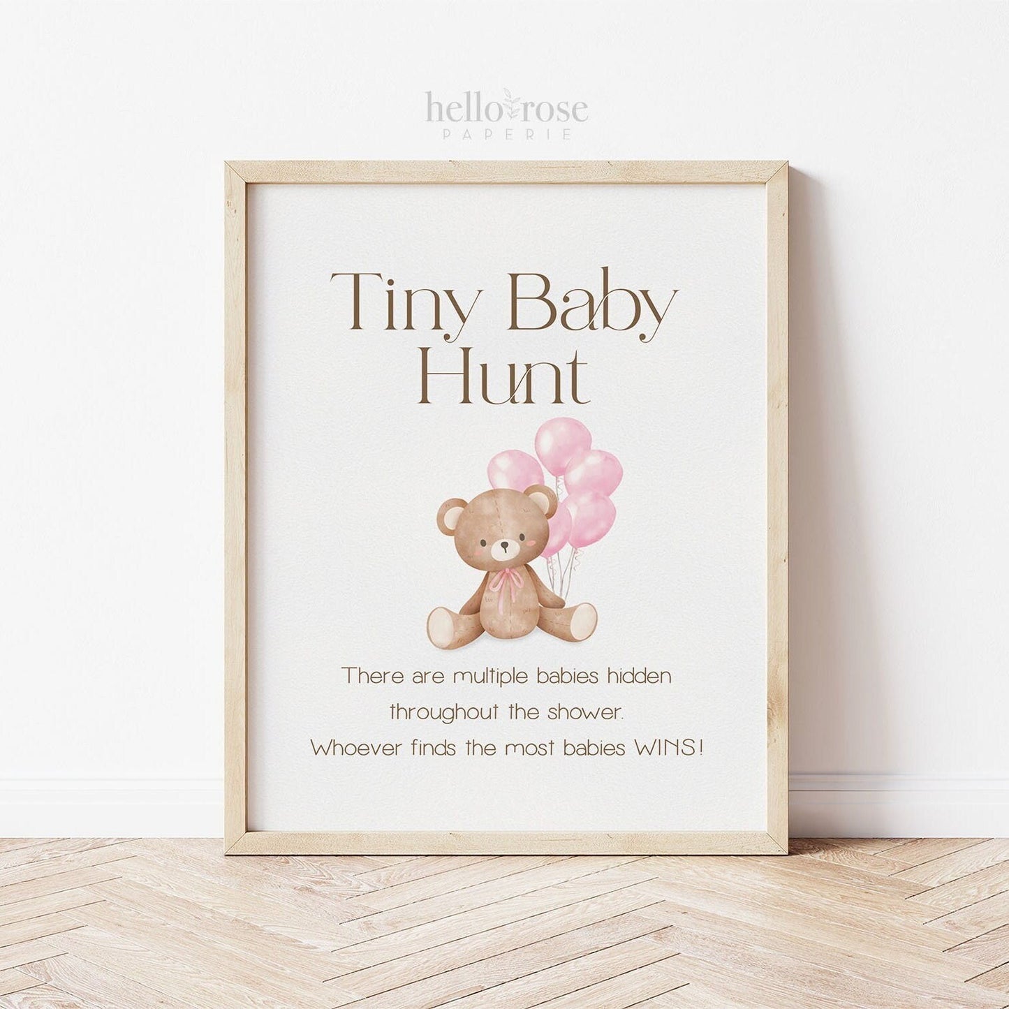 Tiny Baby Hunt Teddy Bear with Pink Balloons Printable Game Sign . Girl Baby Shower . We Can Bearly Wait . 8x10 Instant Download