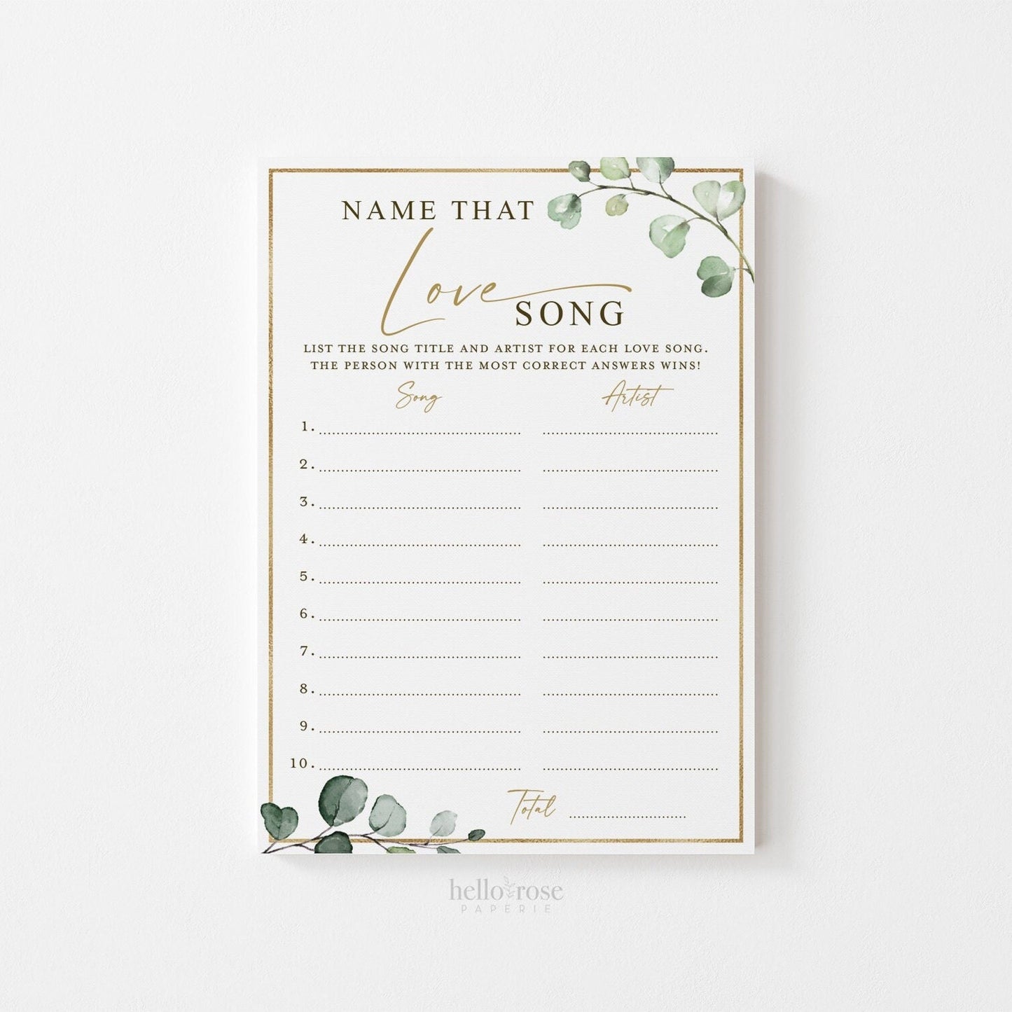 Name That Love Song Bridal Shower Game . Love Tunes . Greenery and Gold . Hens Bachelorette Party . Printable Instant Download G2