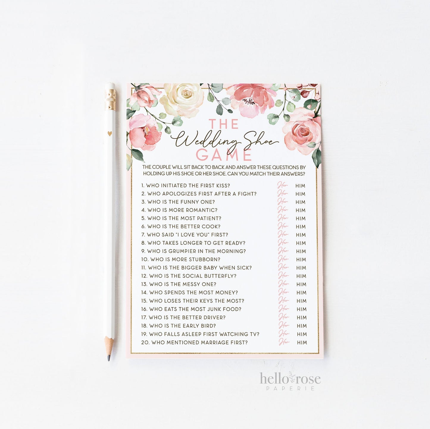 The Wedding Shoe Game Printable . Bridal Wedding Shower . Engagement Party . Rustic Pink Roses and Greenery Eucalyptus . Instant Download
