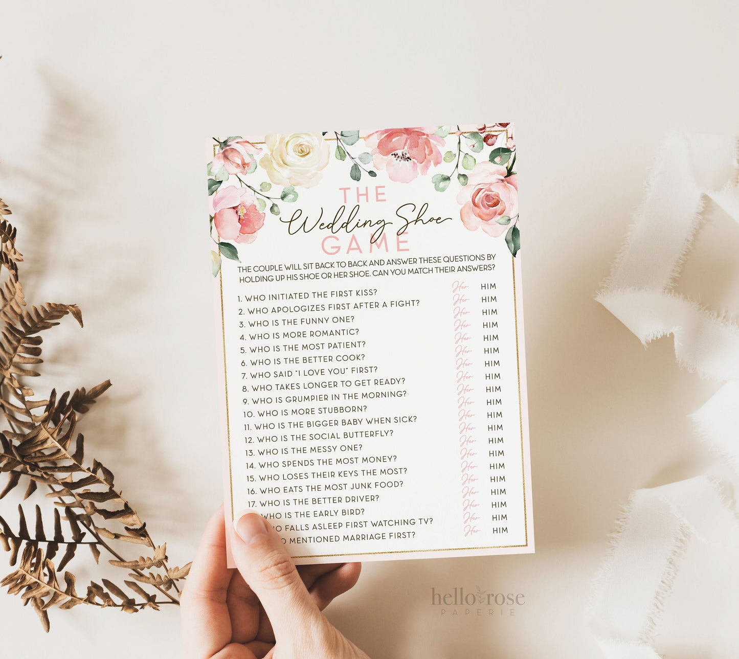 The Wedding Shoe Game Printable . Bridal Wedding Shower . Engagement Party . Rustic Pink Roses and Greenery Eucalyptus . Instant Download