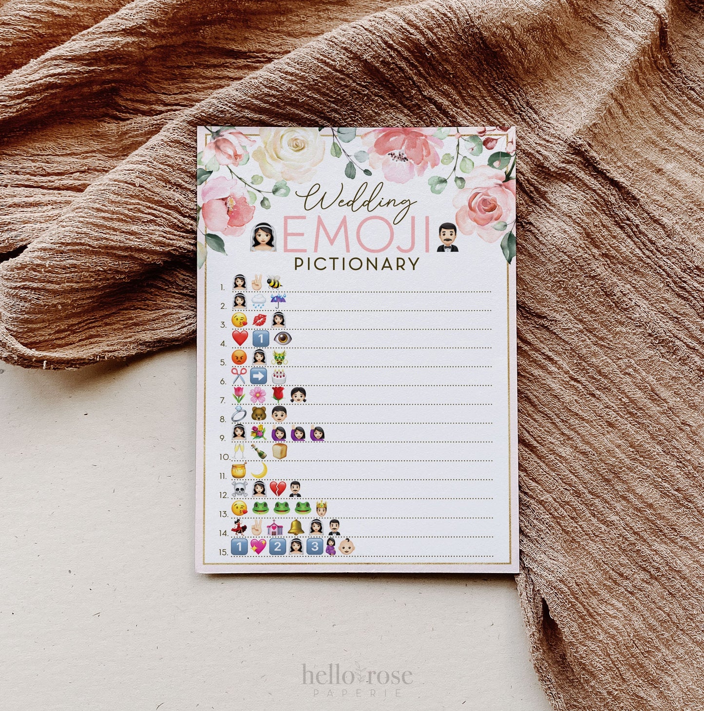 Wedding Emoji Pictionary Floral Bridal Shower Game . Printable Icebreaker . Hen Bachelorette Party . Pink Rose Eucalyptus . Instant Download