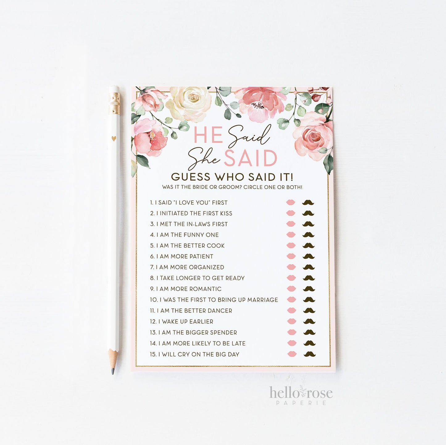 He Said She Said Floral Bridal Shower Game . Printable Icebreaker . Hen Bachelorette Party . Rustic Pink Roses Eucalyptus . Instant Download
