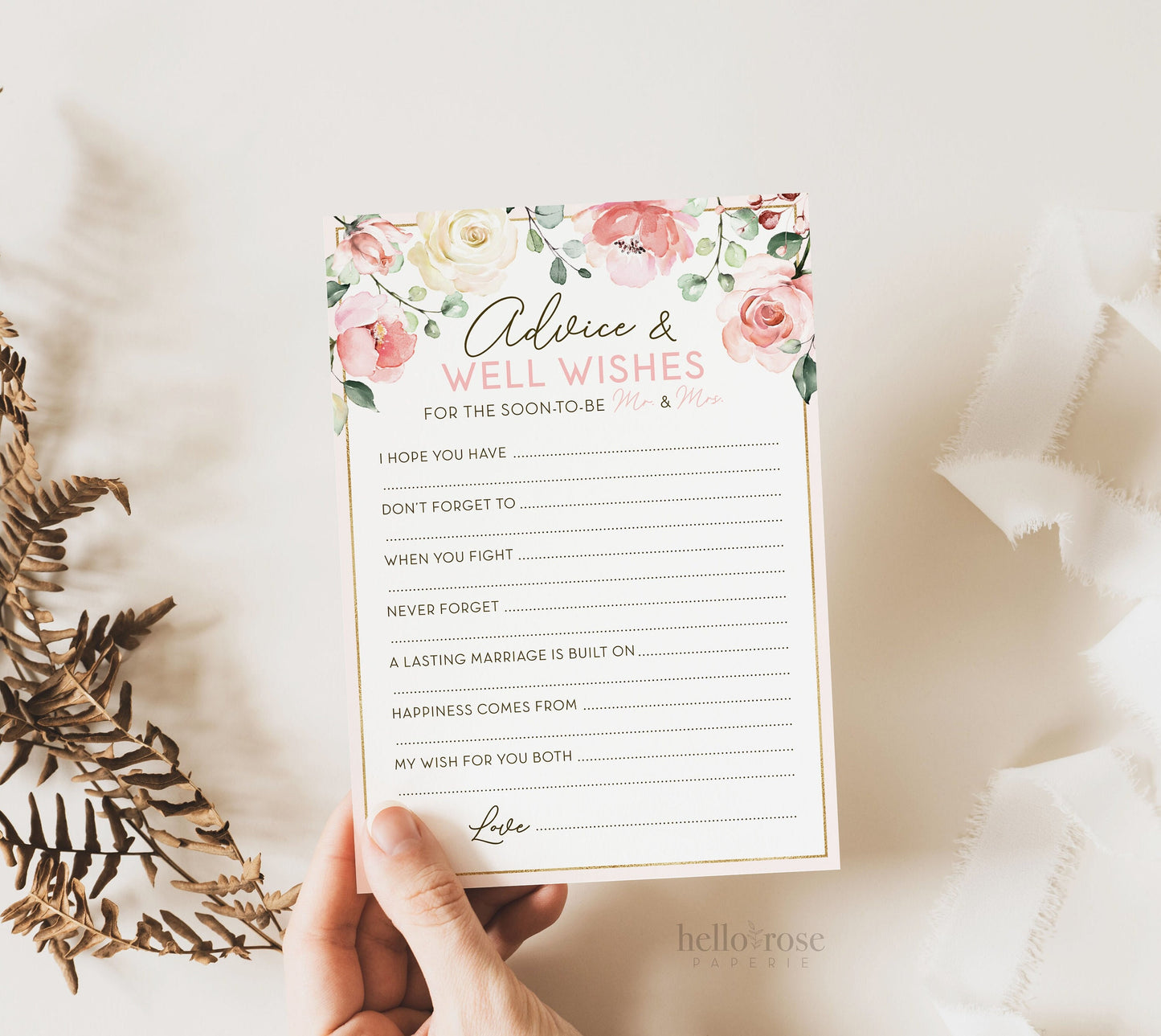 Advice and Well Wishes for the Soon to Be Mr and Mrs . Bridal Shower Printable Wedding Cards . Pink Roses Eucalyptus . Instant Download