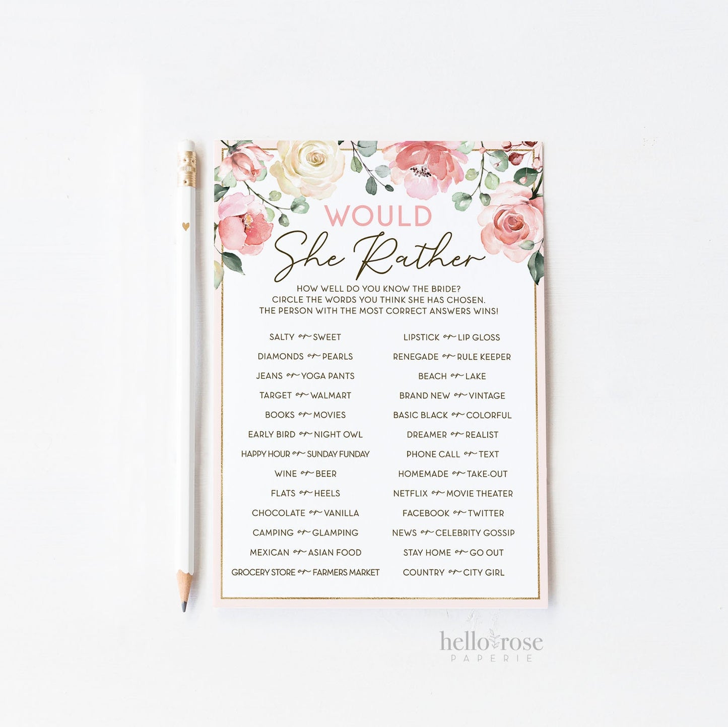 Would She Rather Printable Bridal Shower Game . Bachelorette Hens Party . Blush Pink Roses Greenery Eucalyptus . Instant Download