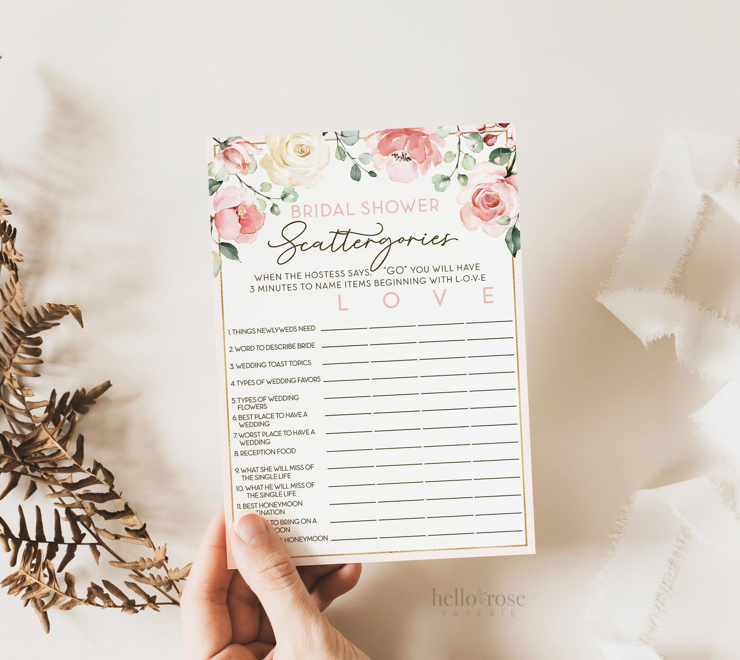 Scattergories Bridal Shower Printable Game . Bachelorette Hens Party . Blush Pink Roses Greenery Eucalyptus . Instant Download