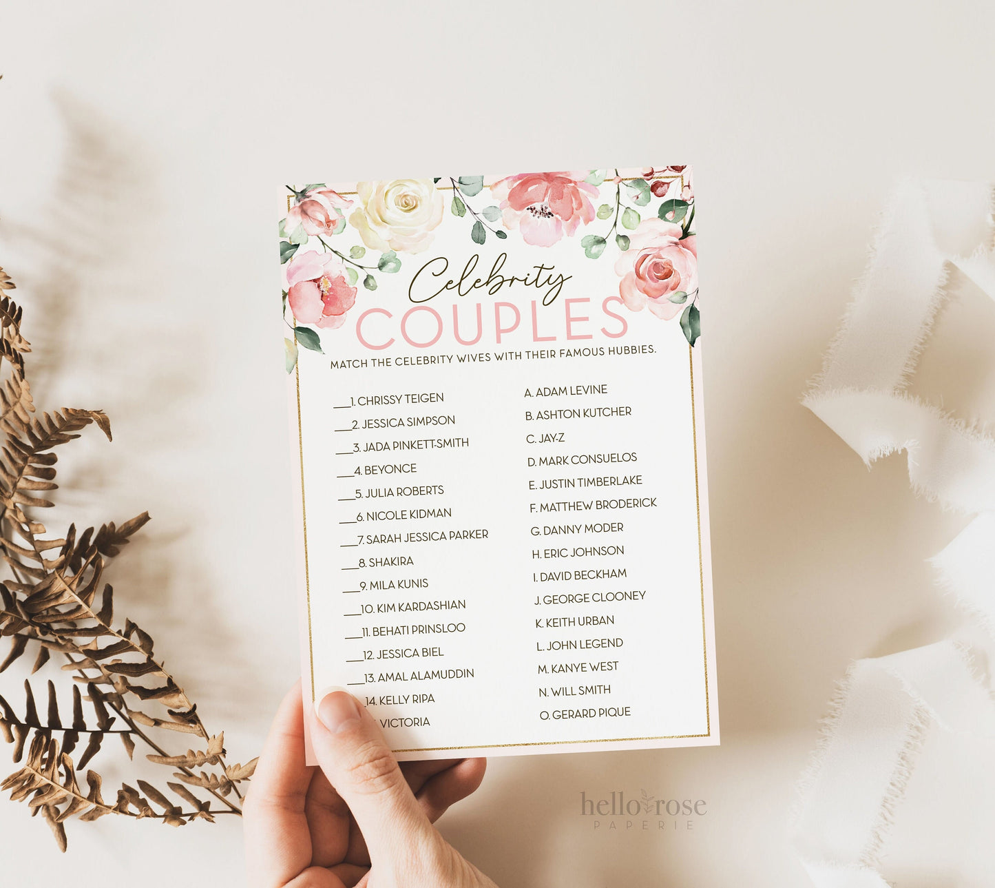 Celebrity Couples Quiz Floral Bridal Shower Printable Game . Bachelorette Hens Party Blush Pink Rose Eucalyptus Greenery . Instant Download