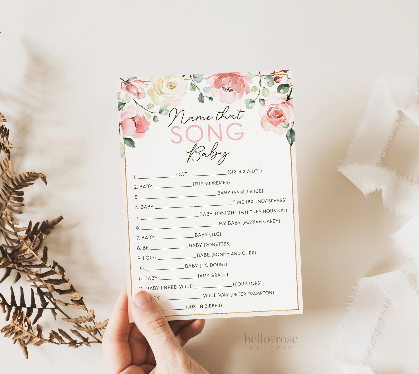 Name That Song Baby Shower Printable Game . Floral Blush Pink Roses Greenery Eucalyptus . Girl Baby Shower . Instant Digital Download