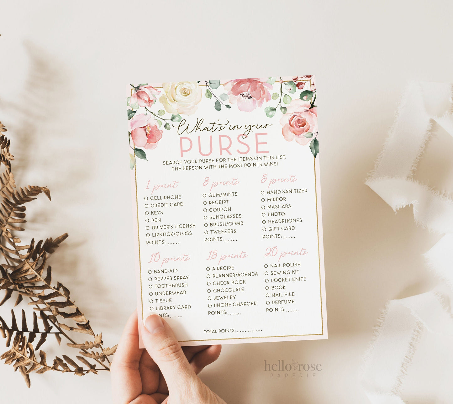 Whats in Your Purse Floral Bridal Shower Printable Game . Bachelorette Hens Party . Rustic Pink Roses Eucalyptus Greenery . Instant Download