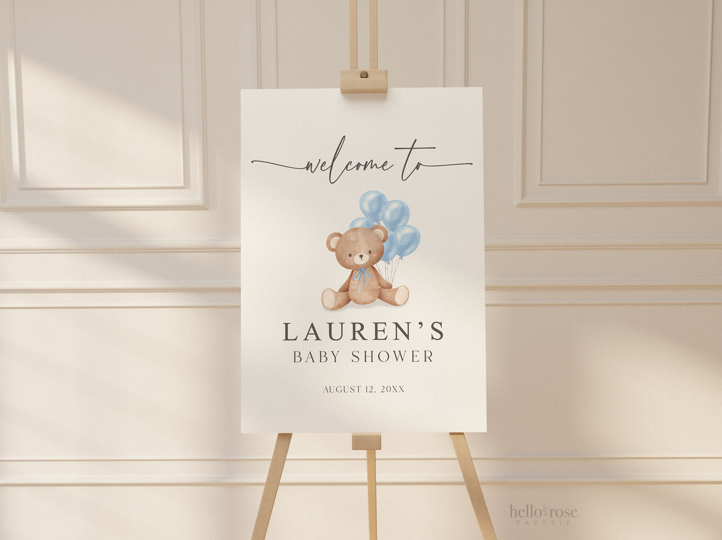 Editable Welcome Sign Teddy Bear with Blue Bow and Balloons, Boy Baby Shower Sprinkle, We Can Bearly Wait, Template Download TEMPLETT