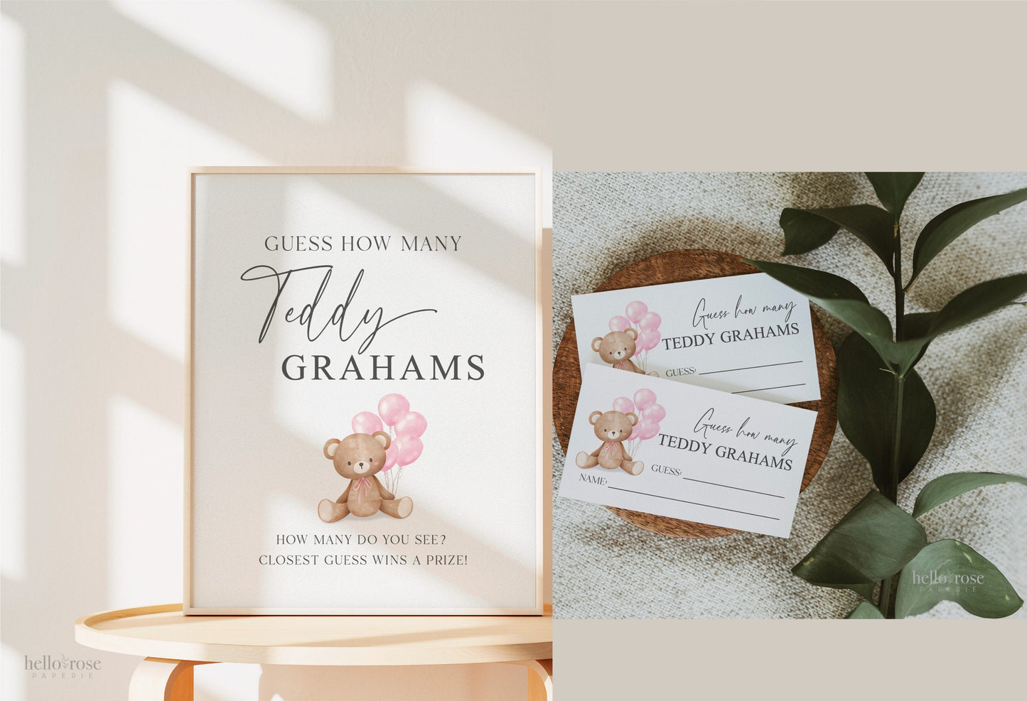 Guess How Many Teddy Grahams Baby Shower Game, Teddy Bear Girl with Pink Balloons, Baby Sprinkle, We Can Bearly Wait, Template Download