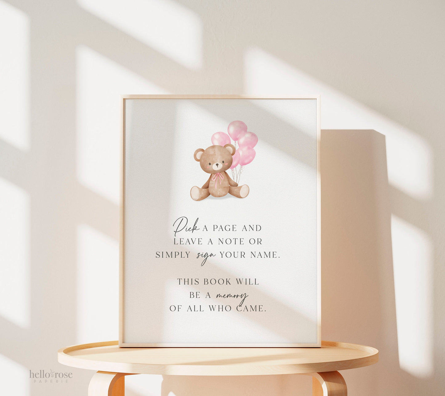 Pick a Page and Leave a Note Memory Baby Shower Guestbook Sign, Bear with Pink Balloons, Girl Baby Shower, Baby Sprinkle, Template Download