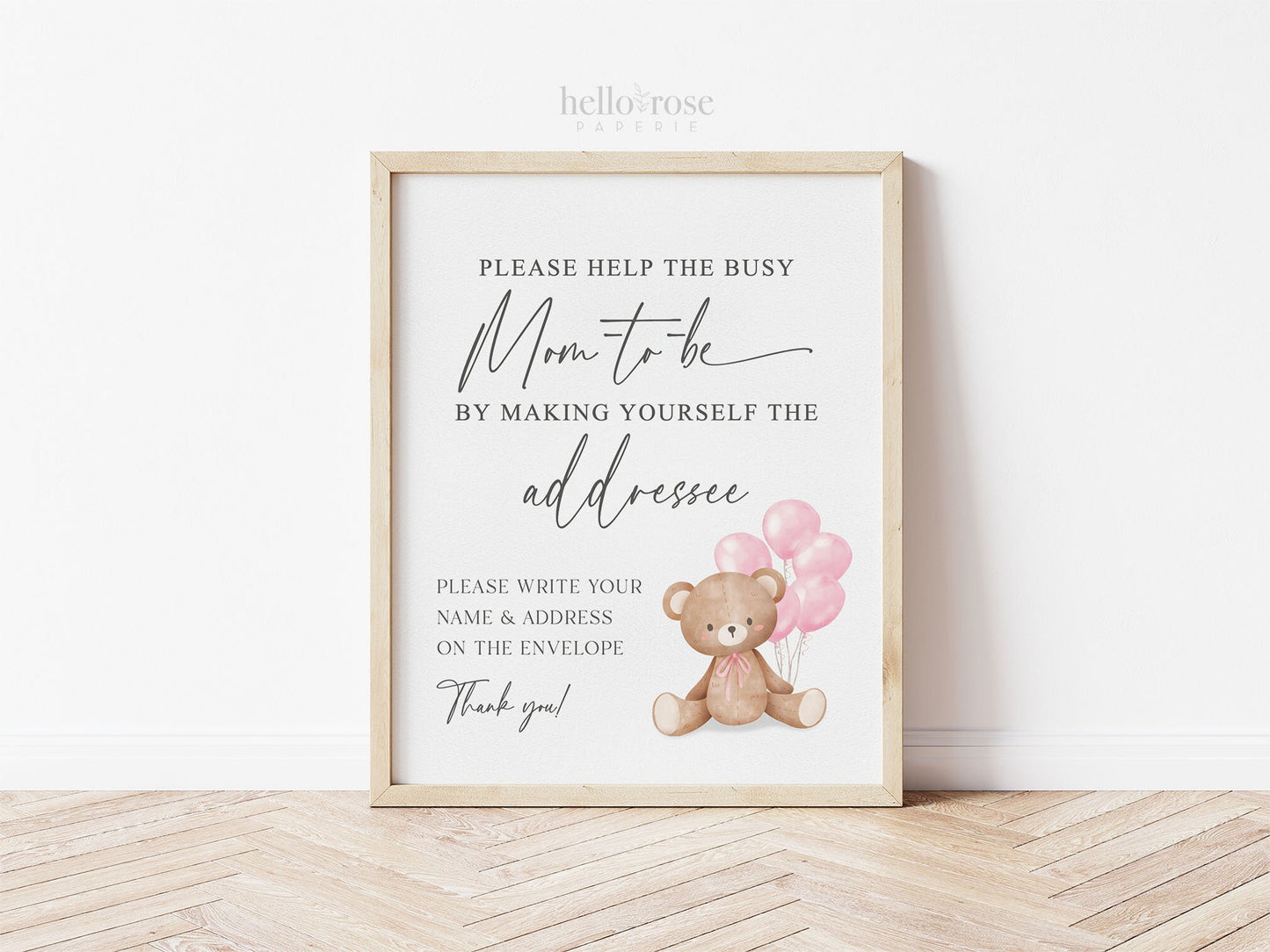 Help the Busy Mom to Be Addressee Baby Shower Envelope Sign, Bear with Pink Balloons, Girl Baby Shower, Baby Sprinkle, Template Download