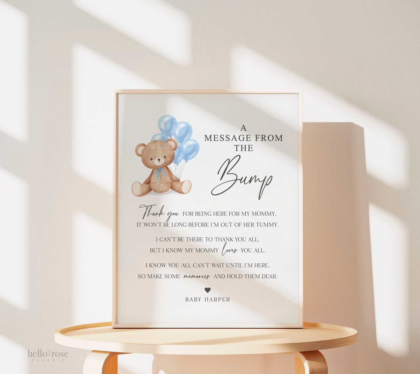 A Message from the Bump Baby Shower Sign, Bump Sign, Message From Baby, Bear Blue Balloons, Boy Baby Shower, PRINTABLE Template Download