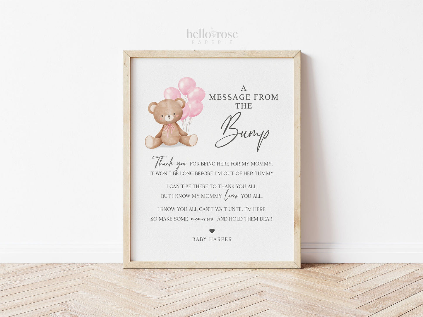 A Message from the Bump Baby Shower Sign, Bump Sign, Message From Baby, Bear Pink Balloons, Girl Baby Shower, PRINTABLE Template Download