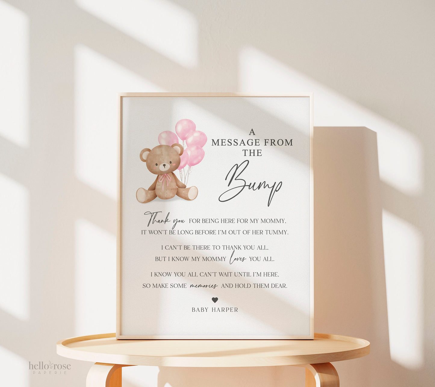 A Message from the Bump Baby Shower Sign, Bump Sign, Message From Baby, Bear Pink Balloons, Girl Baby Shower, PRINTABLE Template Download