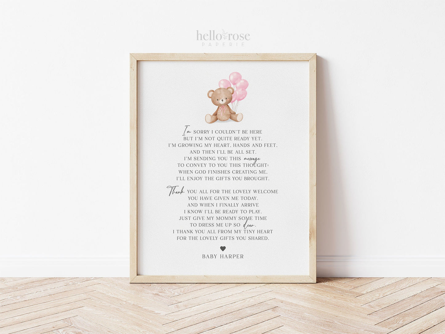 Thank You Message from Baby Baby Shower Sign, Message From Baby Bump Sign, Bear Pink Balloons, Girl Baby Shower, PRINTABLE Template TEMPLETT