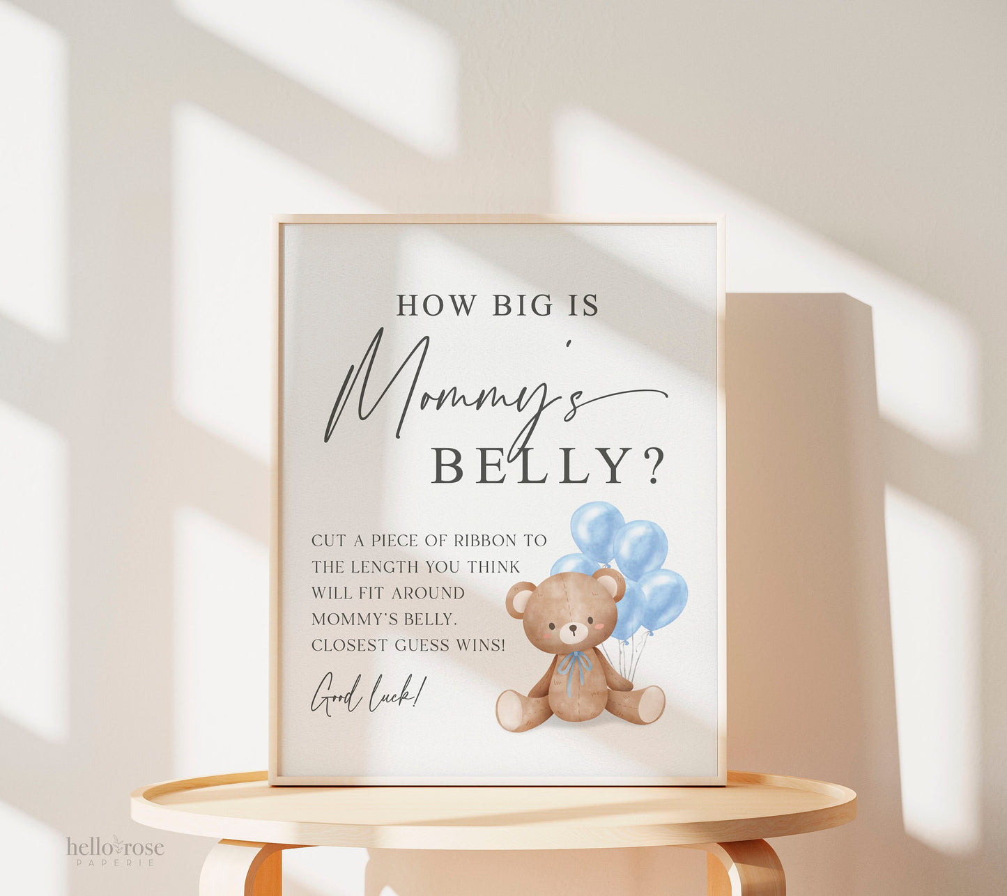 How Big is Mommys Belly Printable Sign + Cards, Teddy Bear with Blue Balloons, Boy Baby Shower, Can Bearly Wait, Template Download Templatt