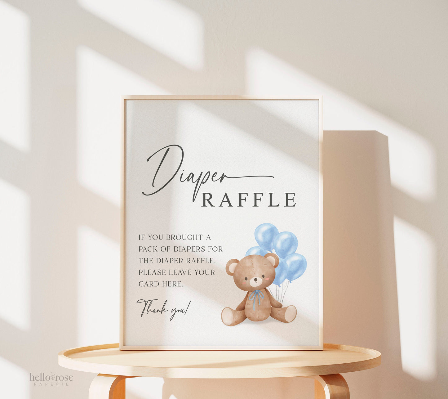 Diaper Raffle Baby Shower Game Sign + Cards, Teddy Bear Boy with Blue Balloons, Couples Shower, Baby Sprinkle, Template Download Templett