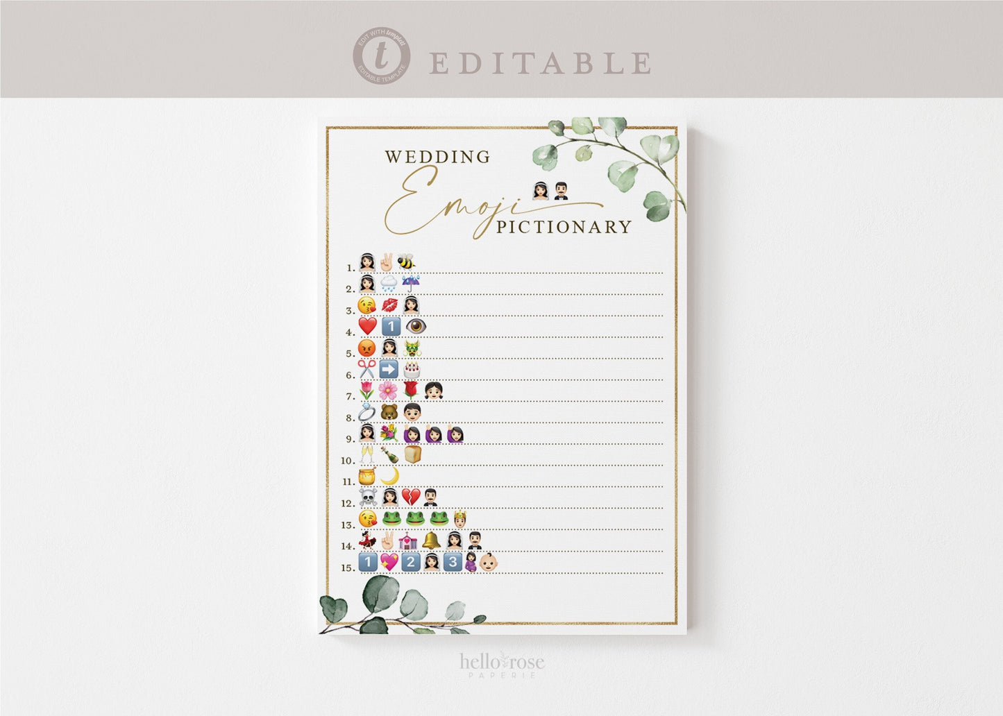 Wedding Emoji Pictionary Bridal Shower Bachelorette Game . Greenery + Gold . PRINTABLE Editable Template Instant Download Templett G2-T
