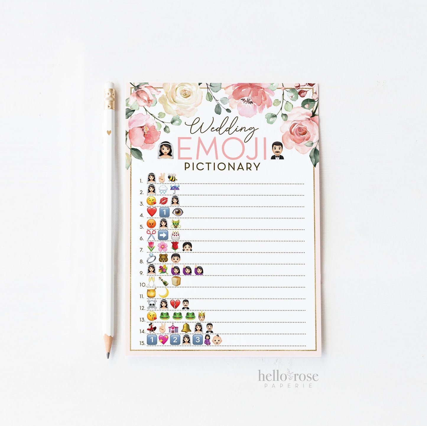 Wedding Emoji Pictionary Floral Bridal Shower Game . Printable Icebreaker . Hen Bachelorette Party . Pink Rose Eucalyptus . Instant Download