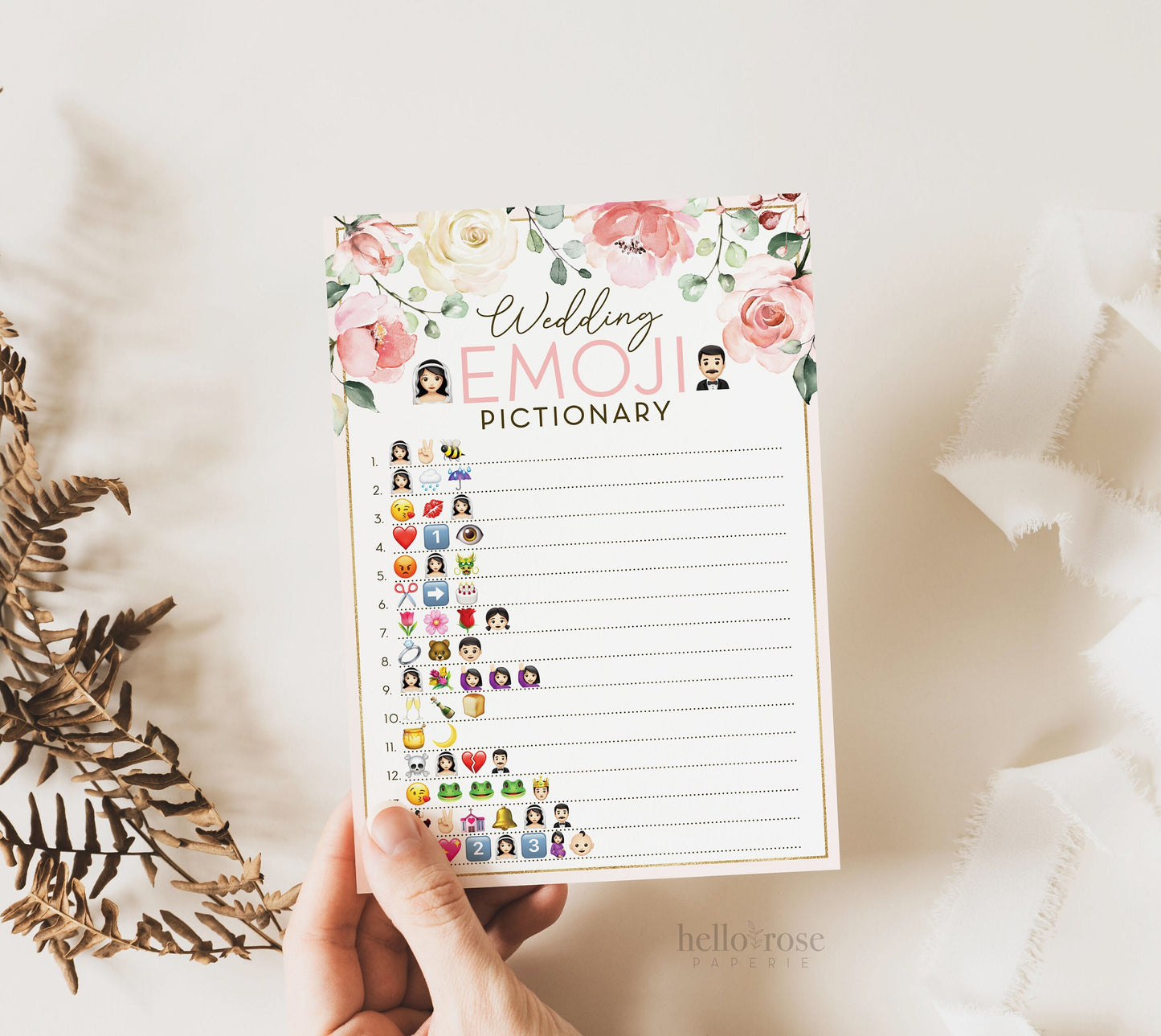 Wedding Emoji Pictionary Floral Bridal Shower Game . Printable Icebreaker . Hen Bachelorette Party . Pink Rose Eucalyptus . Instant Download