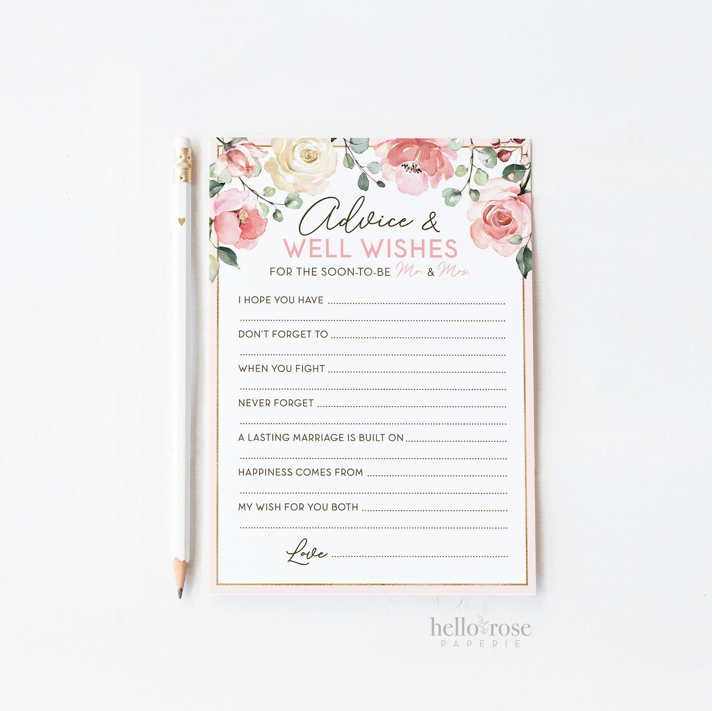 Advice and Well Wishes for the Soon to Be Mr and Mrs . Bridal Shower Printable Wedding Cards . Pink Roses Eucalyptus . Instant Download