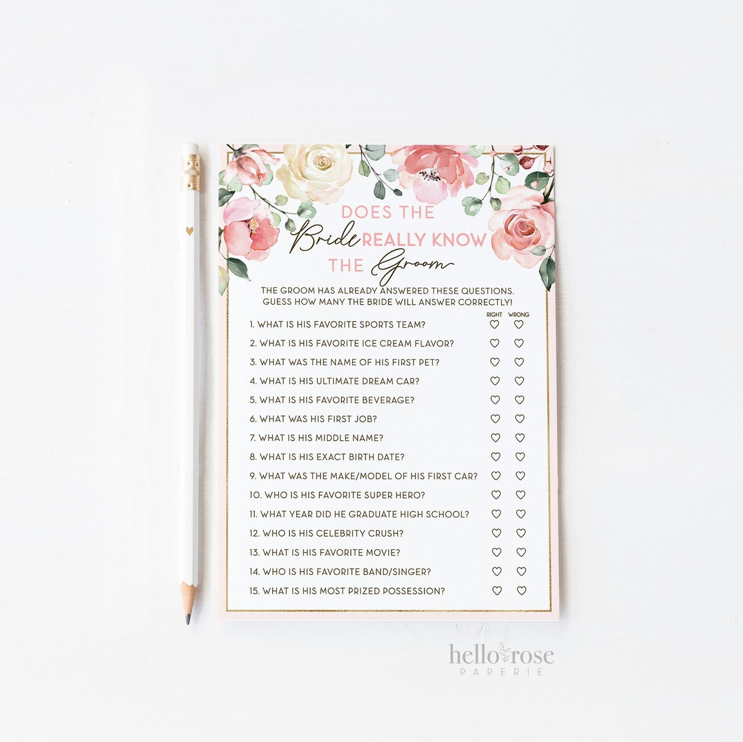 Does the Bride Really Know the Groom . Printable Bridal Shower Game . Bachelorette Hens Party . Blush Pink Roses Greenery . Instant Download