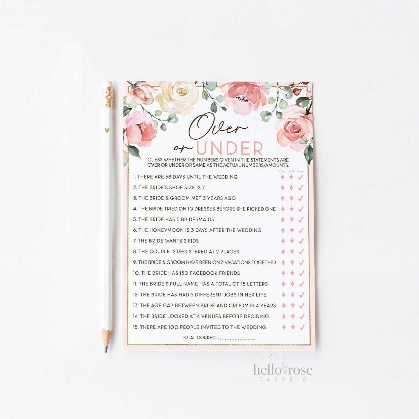 Over or Under Floral Bridal Shower Game . Printable Bachelorette Hens Party Game . Blush Pink Roses Eucalyptus Greenery . Instant Download