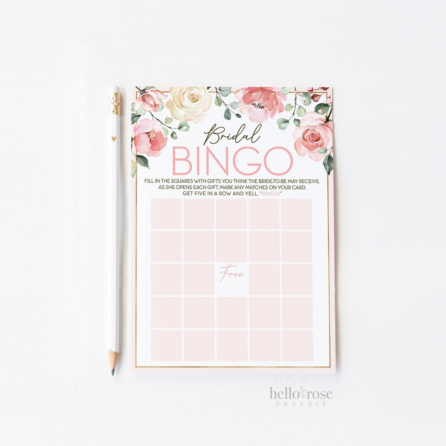 Bridal Shower BINGO Game . Printable Gift Opening Game . Blush Pink Roses Eucalyptus Greenery . Instant Digital Download