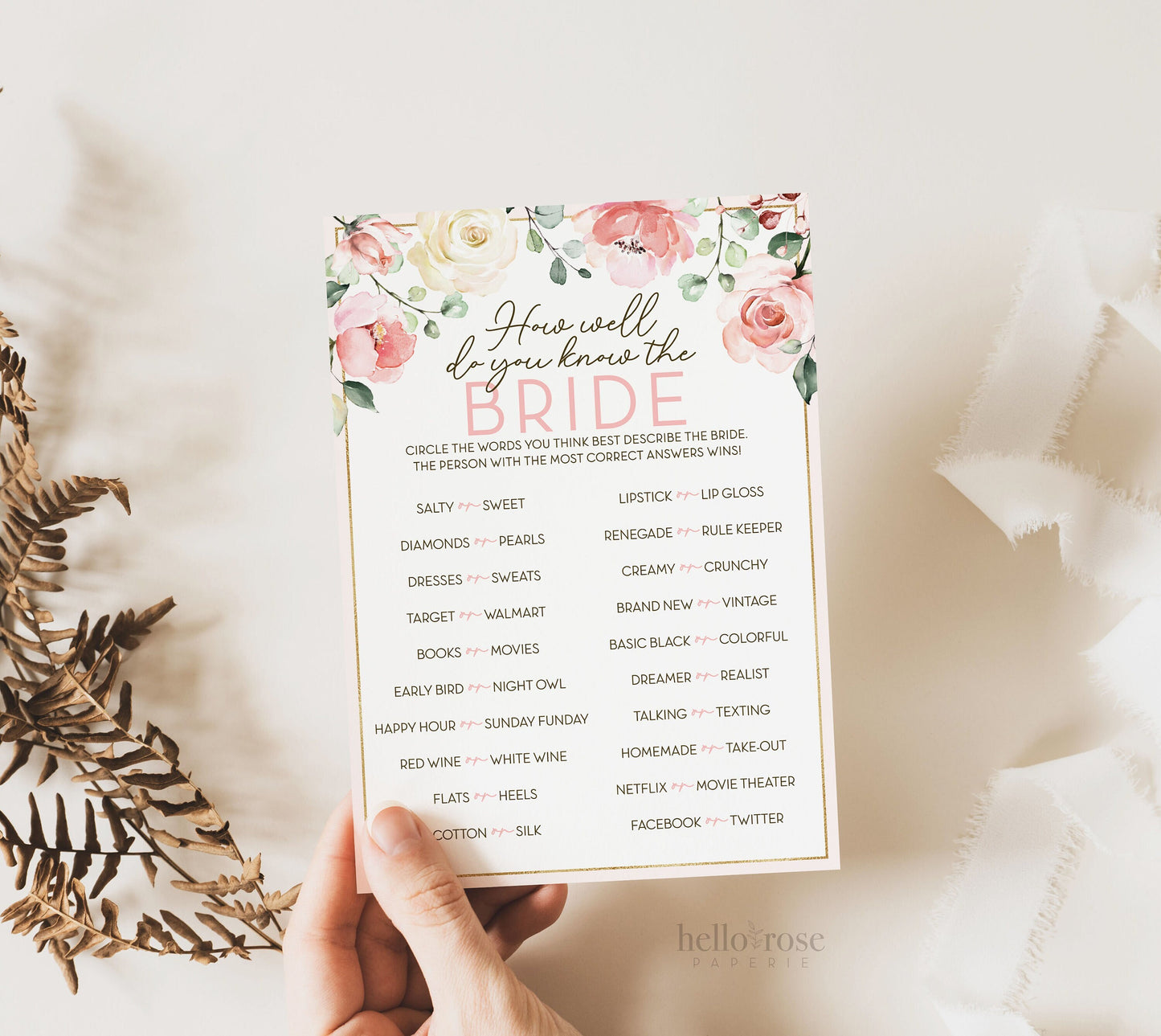 How Well Do You Know the Bride Printable Bridal Shower Game . Bachelorette Party . Blush Pink Roses Greenery Eucalyptus . Instant Download